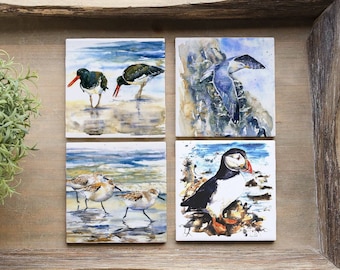 HANDMADE COASTER SET-British Sea Birds design-coastal drinks mats-Puffin-oystercatchers-gull-kittiwake-sanderlings-Lapwing-Naomi Neale Art