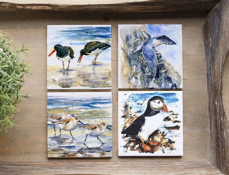 May include: Set of four square ceramic coasters featuring watercolor paintings of different birds. The coasters depict a pair of oystercatchers, a puffin, a seagull, and a group of sandpipers.