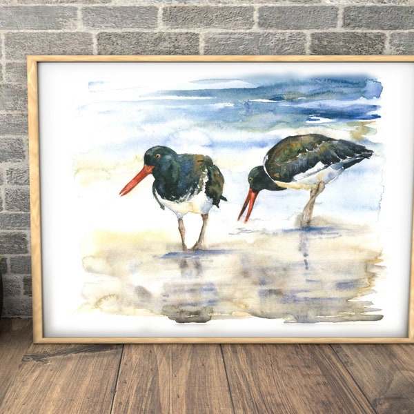 Oystercatchers watercolour fine art print giclee print Naomi Neale seaside art british coastal birds sea bird painting coastal painting