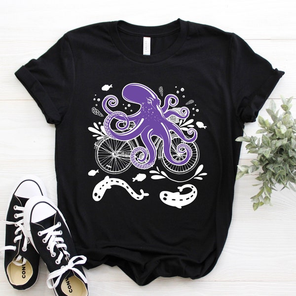 Cool Octopus Riding A Bike Shirt, Funny Biking Lover Tank Top Kraken Tentacles Crop Tee Sea Monster T Shirts Bike Bicycle Gift Party Present