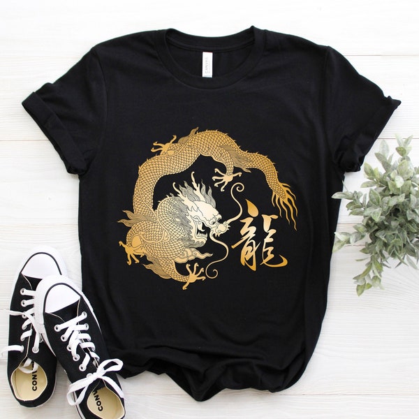 Chinese Dragon Shirt, Golden Symbols Tank Top, East Asia Culture Crop Tee, Dragon Writing Shirts, Fire Claw Gifts Martial Arts Party Present