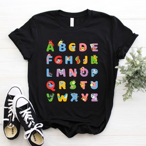 Animals Alphabet T-shirt, Cute ABC Letters Learning Fans Birthday Gift Tshirt, Educational Animal Reading Lover Party Present Tee Shirts