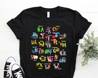 Animals Alphabet T-shirt, Cute ABC Letters Learning Fans Birthday Gift Tshirt, Educational Animal Reading Lover Party Present Tee Shirts