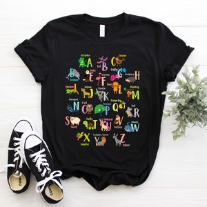 Animals Alphabet T-shirt, Cute ABC Letters Learning Fans Birthday Gift Tshirt, Educational Animal Reading Lover Party Present Tee Shirts