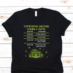 May include: Black t-shirt with a green graphic that says "Computer Repair Hourly Rate" and lists different rates for different levels of help. The graphic also includes a computer monitor with a lock icon, a cloud, and other computer-related icons.