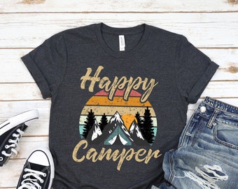 Retro Happy Camper T-shirt, Funny Camping Lover Shirt Hiking Gift Tshirt Cool Camp Fan Birthday Party Present, Happy Camper Queen Tee Shirts