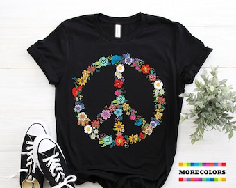 Shirt liefde en vrede, bloem hippie tanktop, vredesteken minnaar bloemen gewas T-shirt, festival T-shirts, botanische geschenken, wilde bloemen feestcadeau