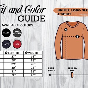 May include: Unisex long sleeve t-shirt size chart with measurements in inches. The chart shows the length and width of the shirt in different sizes, from XS to 2XL. The available colors are black, dark heather, navy, and red.