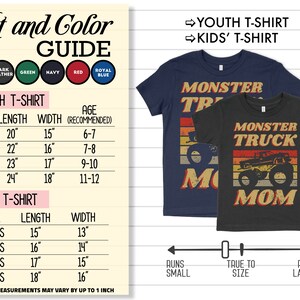 Op de afbeelding: Maattabel voor jeugd- en kinder T-shirts met een monstertruck-afbeelding. De tabel toont de lengte en breedte van de shirts in inches, evenals de aanbevolen leeftijd voor elke maat. De tabel bevat ook een opmerking dat productmetingen kunnen vari&euml;ren met maximaal 1 inch.