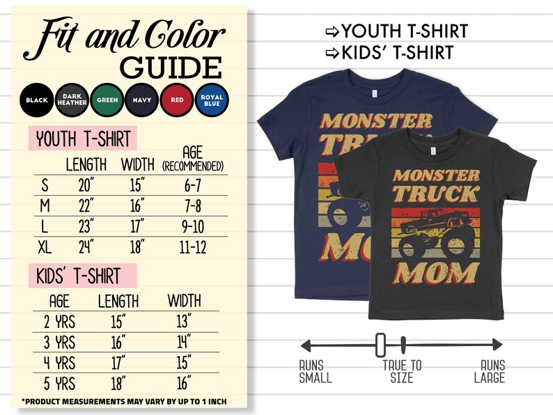 Op de afbeelding: Maattabel voor jeugd- en kinder T-shirts met een monstertruck-afbeelding. De tabel toont de lengte en breedte van de shirts in inches, evenals de aanbevolen leeftijd voor elke maat. De tabel bevat ook een opmerking dat productmetingen kunnen vari&euml;ren met maximaal 1 inch.