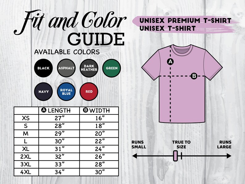 May include: Unisex t-shirt size chart with measurements in inches. The chart shows the length and width of the shirt in different sizes, from XS to 4XL. The chart also includes information about how the shirt fits, indicating whether it runs small, true to size, or large.