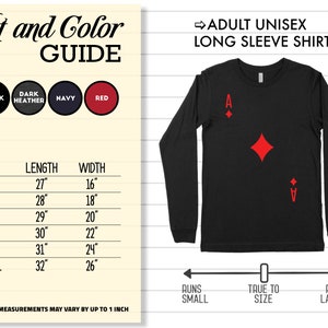 May include: A black long-sleeve shirt with a red ace of diamonds graphic. The shirt is available in sizes XS to 2XL. The size chart shows the length and width of the shirt in inches.