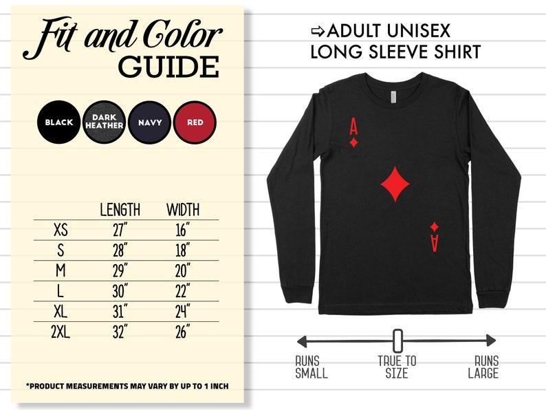 May include: A black long-sleeve shirt with a red ace of diamonds graphic. The shirt is available in sizes XS to 2XL. The size chart shows the length and width of the shirt in inches.