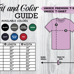 May include: Unisex t-shirt size chart with measurements in inches. The chart shows the length and width of the shirt in different sizes, from XS to 4XL. The chart also includes information about how the shirt fits, indicating whether it runs small, true to size, or large.
