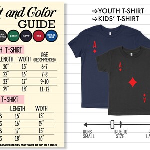May include: Size chart for youth and kids' t-shirts. The chart shows the length and width of the shirts in inches, as well as the recommended age for each size. The chart also includes a note that product measurements may vary by up to 1 inch.