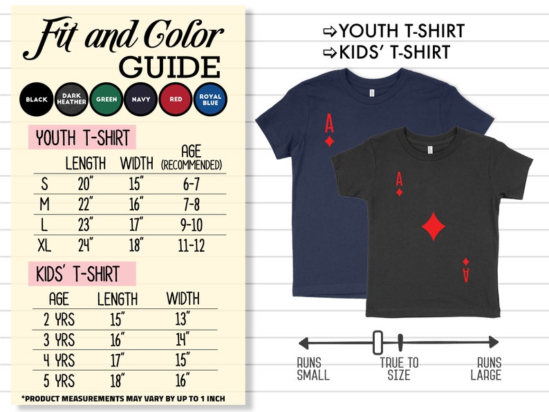 May include: Size chart for youth and kids' t-shirts. The chart shows the length and width of the shirts in inches, as well as the recommended age for each size. The chart also includes a note that product measurements may vary by up to 1 inch.