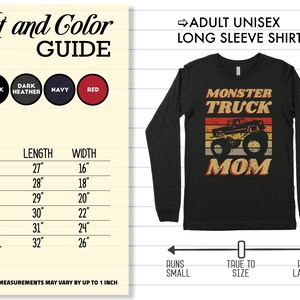 Op de afbeelding: Zwart longsleeve shirt met een vintage-stijl afbeelding van een monstertruck en de tekst "Monster Truck Mom". Het shirt is verkrijgbaar in maten XS tot 2XL. De maattabel toont de lengte en breedte van het shirt in inches.