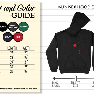 May include: Black unisex hoodie with a red ace of diamonds graphic. The hoodie has a drawstring hood and a kangaroo pocket. Size chart included with measurements in inches.