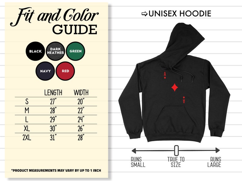May include: Black unisex hoodie with a red ace of diamonds graphic. The hoodie has a drawstring hood and a kangaroo pocket. Size chart included with measurements in inches.