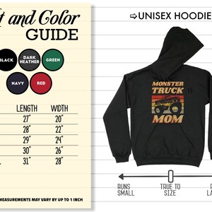 Op de afbeelding: Zwarte unisex hoodie met een vintage-stijl afbeelding van een monstertruck en de tekst "Monster Truck Mom". De hoodie is verkrijgbaar in de maten S-2XL. De maattabel toont de lengte en breedte van de hoodie in inches.