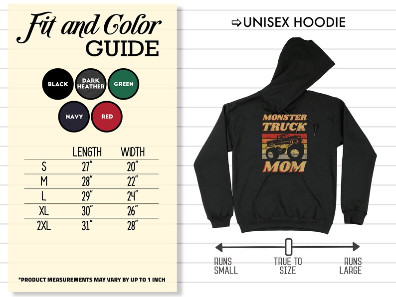 Op de afbeelding: Zwarte unisex hoodie met een vintage-stijl afbeelding van een monstertruck en de tekst "Monster Truck Mom". De hoodie is verkrijgbaar in de maten S-2XL. De maattabel toont de lengte en breedte van de hoodie in inches.