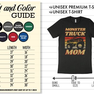 Op de afbeelding: Een zwart T-shirt met een vintage-stijl grafische afbeelding van een monstertruck en de tekst "Monster Truck Mom". Het shirt is verkrijgbaar in verschillende maten en kleuren, en de maattabel is in de afbeelding opgenomen. Het shirt wordt beschreven als "Unisex Premium T-Shirt" en "Unisex T-Shirt".