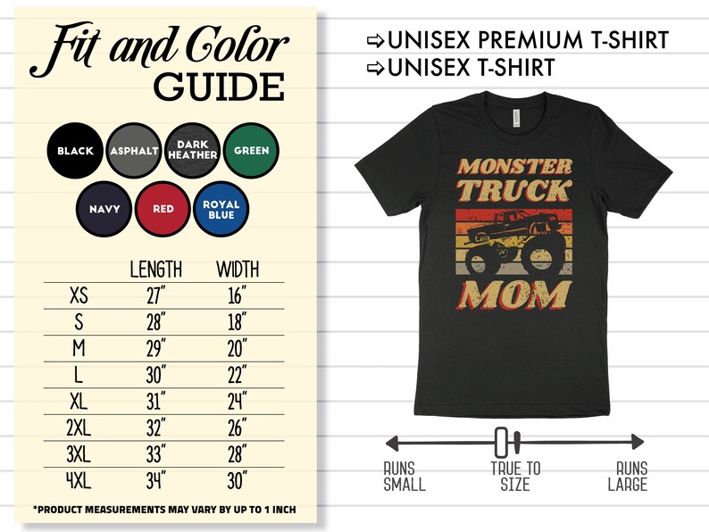 Op de afbeelding: Een zwart T-shirt met een vintage-stijl grafische afbeelding van een monstertruck en de tekst "Monster Truck Mom". Het shirt is verkrijgbaar in verschillende maten en kleuren, en de maattabel is in de afbeelding opgenomen. Het shirt wordt beschreven als "Unisex Premium T-Shirt" en "Unisex T-Shirt".