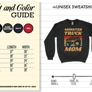 Op de afbeelding: Unisex sweatshirt in zwart met een vintage-stijl afbeelding van een monstertruck en de tekst "Monster Truck Mom". Het sweatshirt is verkrijgbaar in de maten S-2XL en is verkrijgbaar in zwart, donker grijs, marineblauw en rood. De maattabel toont de lengte en breedte van het sweatshirt in inches.