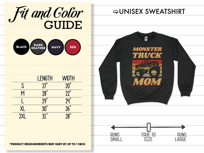 Op de afbeelding: Unisex sweatshirt in zwart met een vintage-stijl afbeelding van een monstertruck en de tekst "Monster Truck Mom". Het sweatshirt is verkrijgbaar in de maten S-2XL en is verkrijgbaar in zwart, donker grijs, marineblauw en rood. De maattabel toont de lengte en breedte van het sweatshirt in inches.