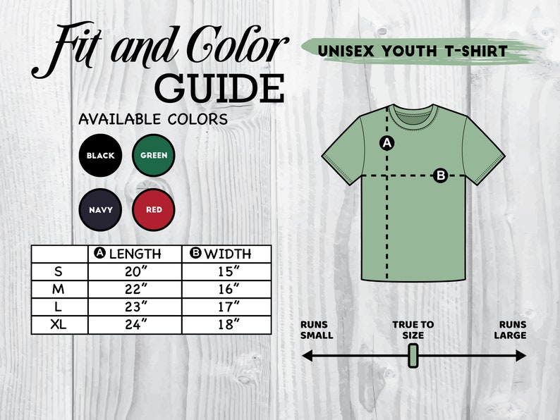 Puede incluir: Tabla de tallas de camiseta para j&oacute;venes unisex con medidas en pulgadas. La tabla muestra la longitud y el ancho de la camiseta en las tallas S, M, L y XL. Los colores disponibles son negro, verde, azul marino y rojo. La tabla tambi&eacute;n muestra un gr&aacute;fico de una camiseta con las medidas etiquetadas.