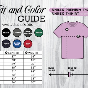 May include: Unisex t-shirt size chart with measurements in inches. The chart shows the length and width of the shirt in different sizes, from XS to 4XL. The chart also includes information about how the shirt fits, indicating whether it runs small, true to size, or large.