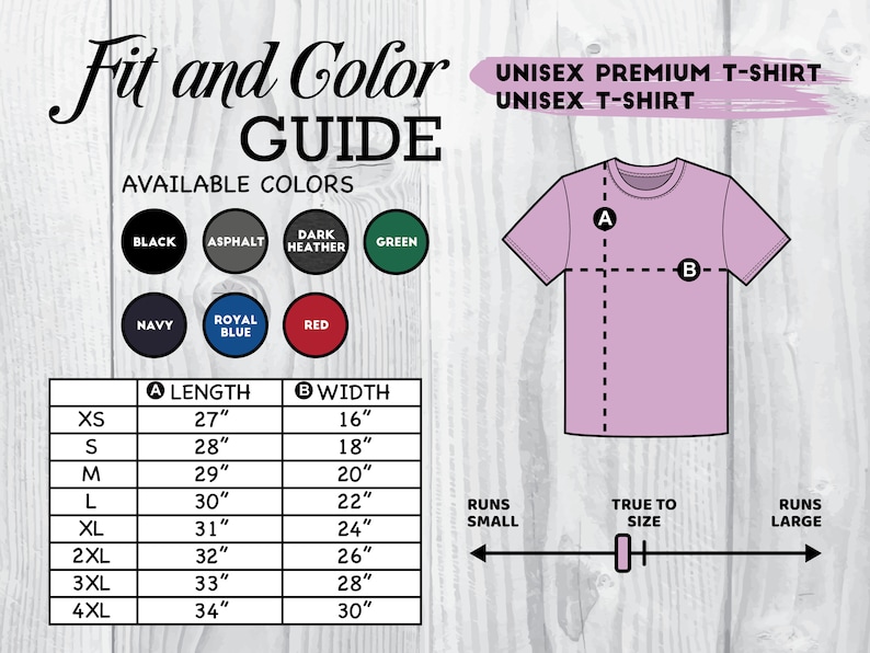 May include: Unisex t-shirt size chart with measurements in inches. The chart shows the length and width of the shirt in different sizes, from XS to 4XL. The chart also includes information about how the shirt fits, indicating whether it runs small, true to size, or large.