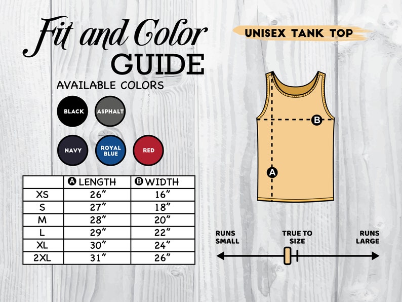 Puede incluir: Tabla de tallas para camiseta sin mangas unisex con medidas en pulgadas. La tabla muestra la longitud y el ancho de la camiseta sin mangas en diferentes tallas, de XS a 2XL. La camiseta sin mangas est&aacute; disponible en seis colores: negro, asfalto, azul marino, azul real, rojo y blanco.