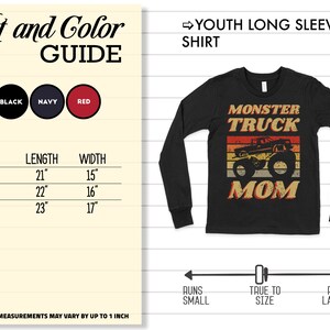 Op de afbeelding: Langarm shirt voor jongeren in zwart met een vintage-stijl afbeelding van een monstertruck en de tekst "Monster Truck Mom". Het shirt is verkrijgbaar in de maten S, M en L. De maattabel toont de lengte en breedte van elke maat in inches.