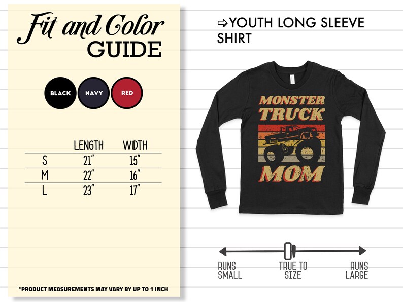Op de afbeelding: Langarm shirt voor jongeren in zwart met een vintage-stijl afbeelding van een monstertruck en de tekst "Monster Truck Mom". Het shirt is verkrijgbaar in de maten S, M en L. De maattabel toont de lengte en breedte van elke maat in inches.