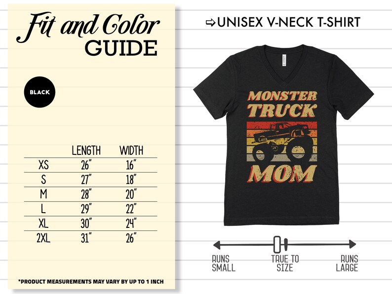 Op de afbeelding: Zwart V-hals T-shirt met een vintage-stijl afbeelding van een monstertruck en de tekst "Monster Truck Mom". De maattabel toont de afmetingen in inches voor maten XS tot 2XL.