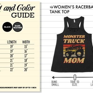 Op de afbeelding: Een zwart racerback tanktop met een vintage-stijl afbeelding van een monstertruck en de tekst "Monster Truck Mom". De maattabel toont de lengte en breedte in inches voor maten XS tot 2XL.