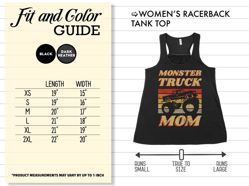 Op de afbeelding: Een zwart racerback tanktop met een vintage-stijl afbeelding van een monstertruck en de tekst "Monster Truck Mom". De maattabel toont de lengte en breedte in inches voor maten XS tot 2XL.