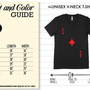May include: Black unisex v-neck t-shirt with a red ace of diamonds graphic. The shirt is available in sizes XS to 2XL. The size chart shows the length and width of the shirt in inches.