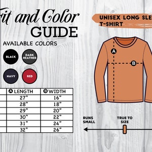 Puede incluir: Tabla de tallas para camiseta de manga larga unisex con medidas en pulgadas. La tabla muestra la longitud y el ancho de la camiseta en diferentes tallas, de XS a 2XL. Los colores disponibles son negro, gris oscuro jaspeado, azul marino y rojo.