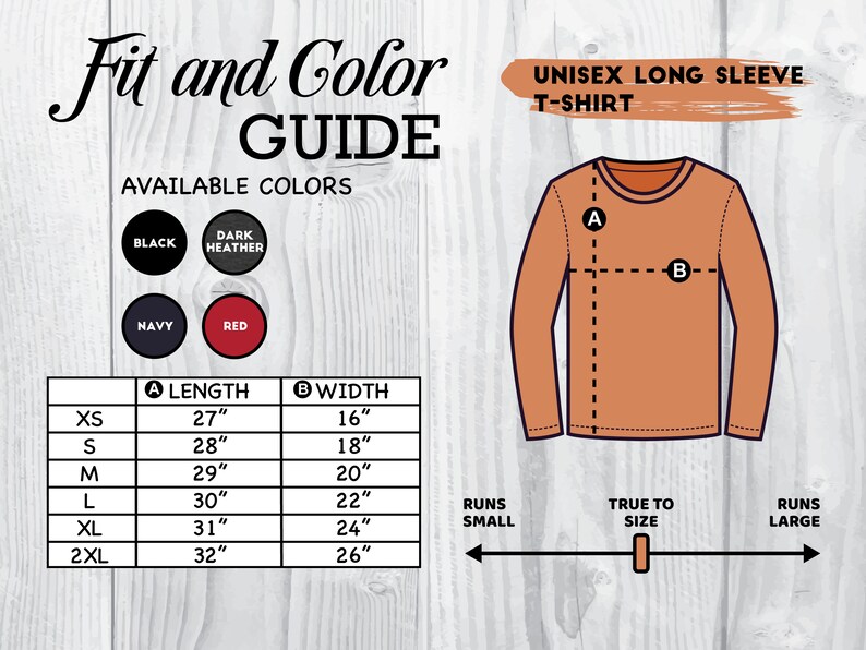 Puede incluir: Tabla de tallas para camiseta de manga larga unisex con medidas en pulgadas. La tabla muestra la longitud y el ancho de la camiseta en diferentes tallas, de XS a 2XL. Los colores disponibles son negro, gris oscuro jaspeado, azul marino y rojo.