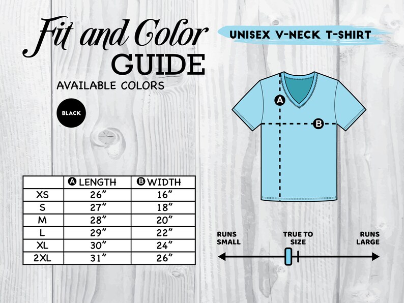 May include: A size chart for a unisex v-neck t-shirt. The chart shows the length and width of the shirt in inches for sizes XS to 2XL. The chart also indicates that the shirt runs small.