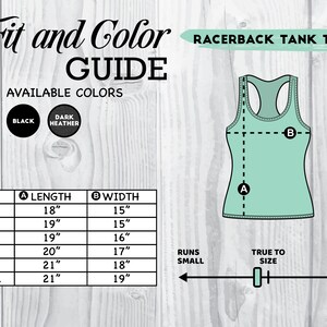 Puede incluir: Tabla de tallas para un top de tirantes en negro o gris oscuro jaspeado. La tabla muestra la longitud y el ancho del top en pulgadas para las tallas XS a 2XL. El top talla peque&ntilde;o.