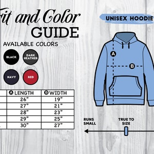 Puede incluir: Tabla de tallas para sudadera unisex con medidas en pulgadas. La tabla muestra la longitud y el ancho de la sudadera en diferentes tallas: S, M, L, XL y 2XL. La sudadera est&aacute; disponible en negro, gris oscuro jaspeado, azul marino y rojo.
