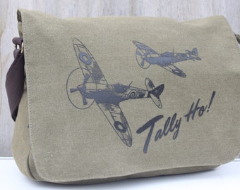 Normandy '44 Vintage Style Canvas Satchel Tally Ho! Spitfire Battle Of Britain Messenger Bag