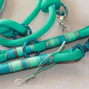 May include: Teal blue rope dog leash with a striped pattern and a silver charm. The leash has two metal clips.