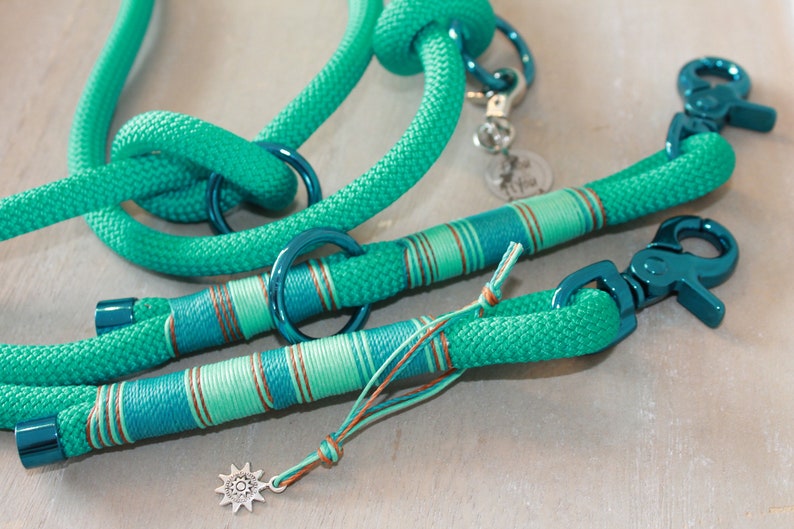 May include: Teal blue rope dog leash with a striped pattern and a silver charm. The leash has two metal clips.