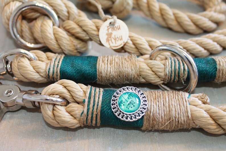 May include: A close-up of a natural rope dog leash with teal blue accents and a silver charm with a green floral design. The leash has a silver clasp and a silver ring.