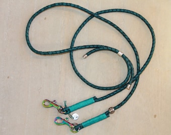 May include: A teal braided leather dog leash with two silver clasps and silver accents.
