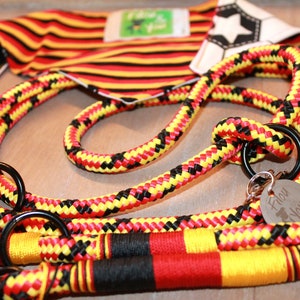 May include: A black, yellow, and red rope dog leash with a black metal clip and a silver tag that says "Flow You".